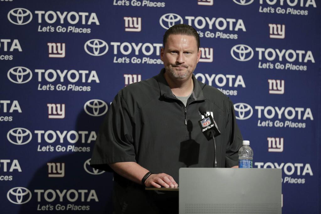 New York Giants head coach Ben McAdoo speaks at a news conference after a game between the San Francisco 49ers and the Giants in Santa Clara, Sunday, Nov. 12, 2017. (AP Photo/Marcio Jose Sanchez)