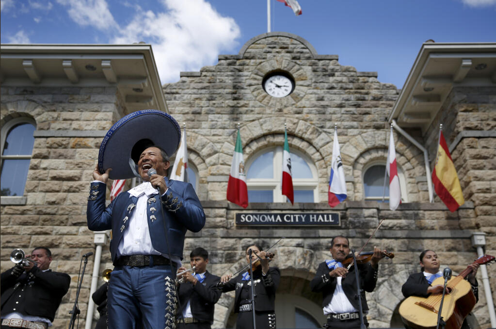 Apolo Cortes, sings with the group, Mariachi Azteca, during the Celebration of Mexican Heritage and Health Fair at the Plaza in Sonoma, Calif., on Sunday, September 19, 2021.(Beth Schlanker/The Press Democrat)