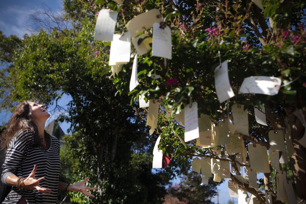 Petaluma, CA, USA. Thursday, September 14, 2017._ Sarah Healy started a 'wishing tree' outside her home in West Petaluma where passersby can write down a wish and hang it on the tree. She wants to encourage her community to engage in positive thinking and give people something to smile about. (CRISSY PASCUAL/ARGUS-COURIER STAFF)