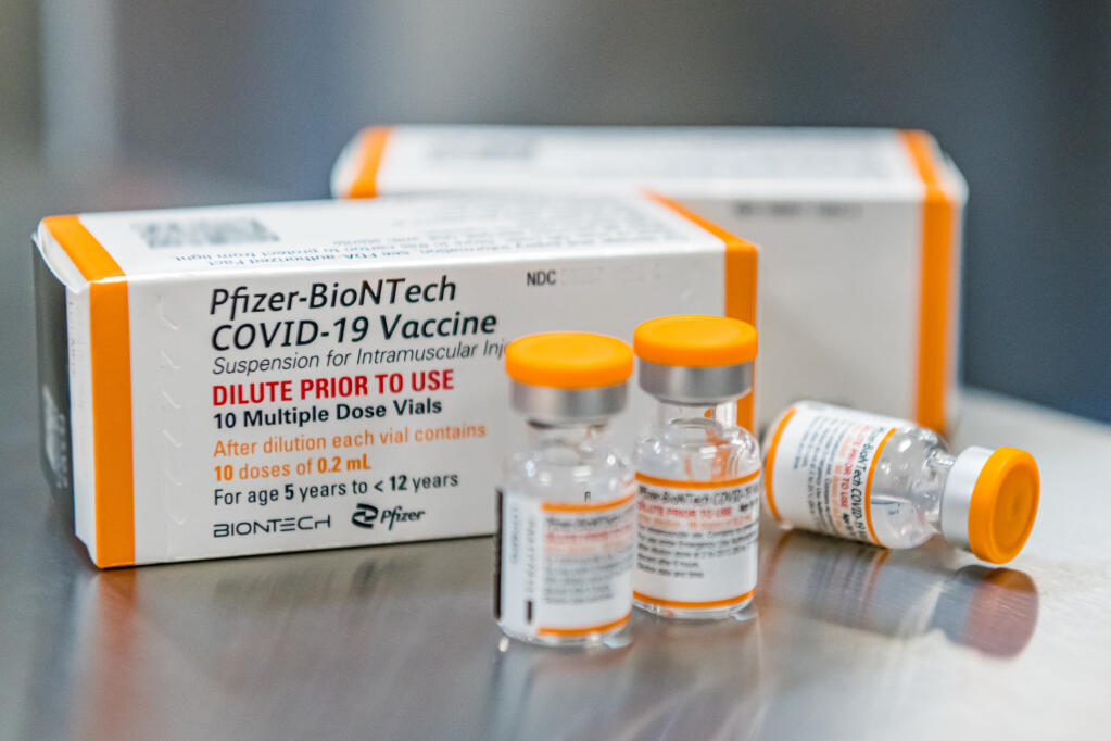 FILE - This October 2021, photo provided by Pfizer shows kid-size doses of its COVID-19 vaccine in Puurs, Belgium. The U.S. moved a step closer to expanding vaccinations for millions more children as a panel of government advisers on Tuesday, Oct. 26, endorsed kid-size doses of Pfizer's shots for 5- to 11-year-olds. (Pfizer via AP, File)