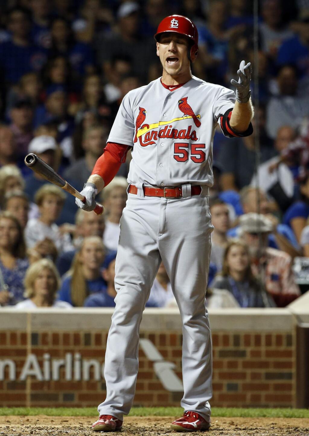 The St. Louis Cardinals' Stephen Piscotty reacts after striking out during the eighth inning against the Chicago Cubs Sunday, Sept. 25, 2016, in Chicago. (AP Photo/Nam Y. Huh)