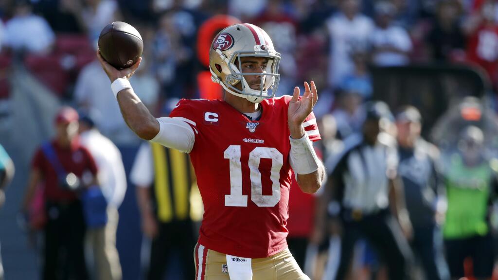 San Francisco 49ers quarterback Jimmy Garoppolo throws during the second half against the Los Angeles Rams Sunday, Oct. 13, 2019, in Los Angeles. (AP Photo/John Locher)