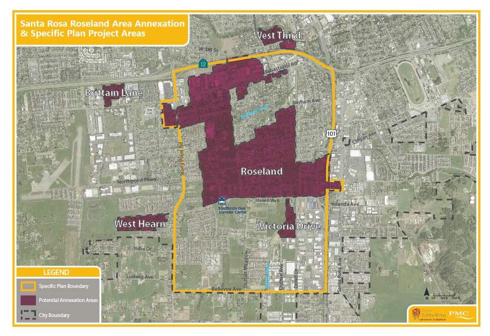 A map from the City of Santa Rosa shows five parcels, including Roseland, that the city is exploring annexing.