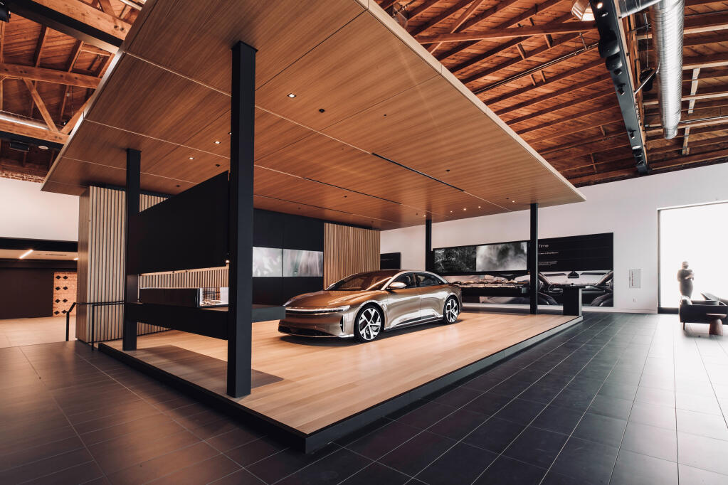 This is an example of what Lucid Group’s “studio” showrooms, like the one opened in March in Village at Corte Madera mall in Marin County, look like. (courtesy of Lucid Group)