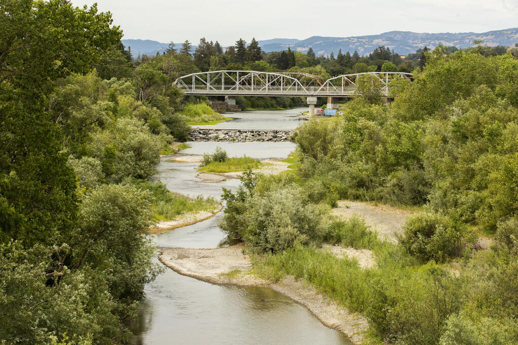 The summer Healdsburg Veterans Memorial Beach dam won’t be built, just above the rocks below the bridge for the third year in a row due to low water flows. Photo taken on Thursday, May 26, 2022.  (John Burgess / The Press Democrat)