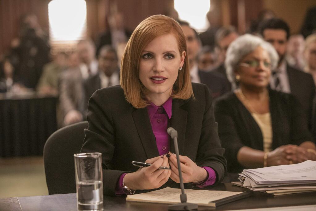 This image released by Europa shows Jessica Chastain in a scene from, 'Miss Sloane.' (Kerry Hayes/Europa via AP)