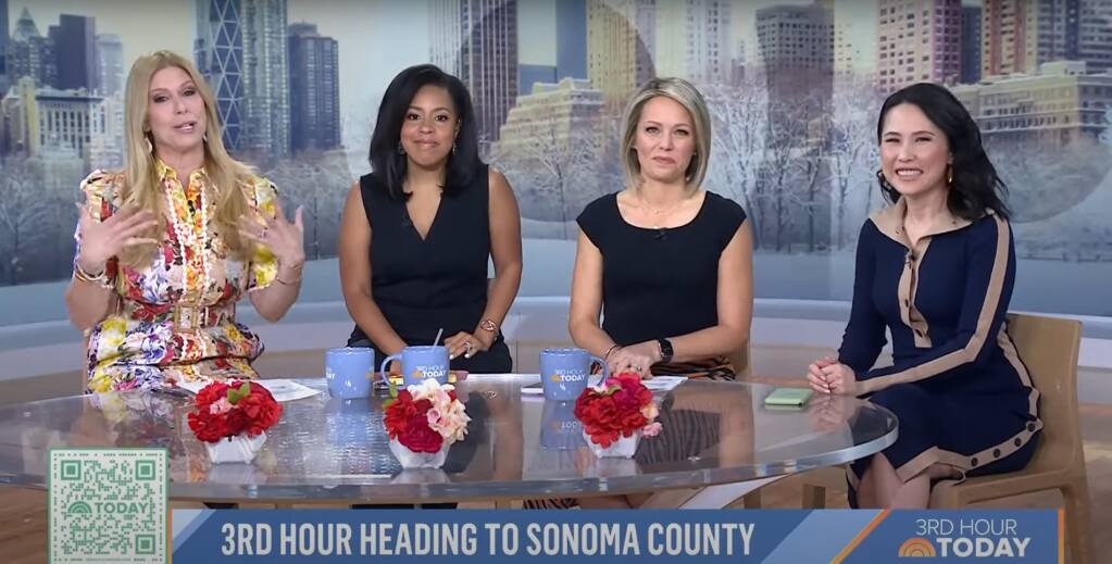 A screenshot from the “Today” show, as co-hosts and contributors (from left) Jill Martin, Sheinelle Jones, Dylan Dreyer and Vicky Nguyen announce that show is traveling to Sonoma County, Wednesday, March 8, 2023. (NBC)