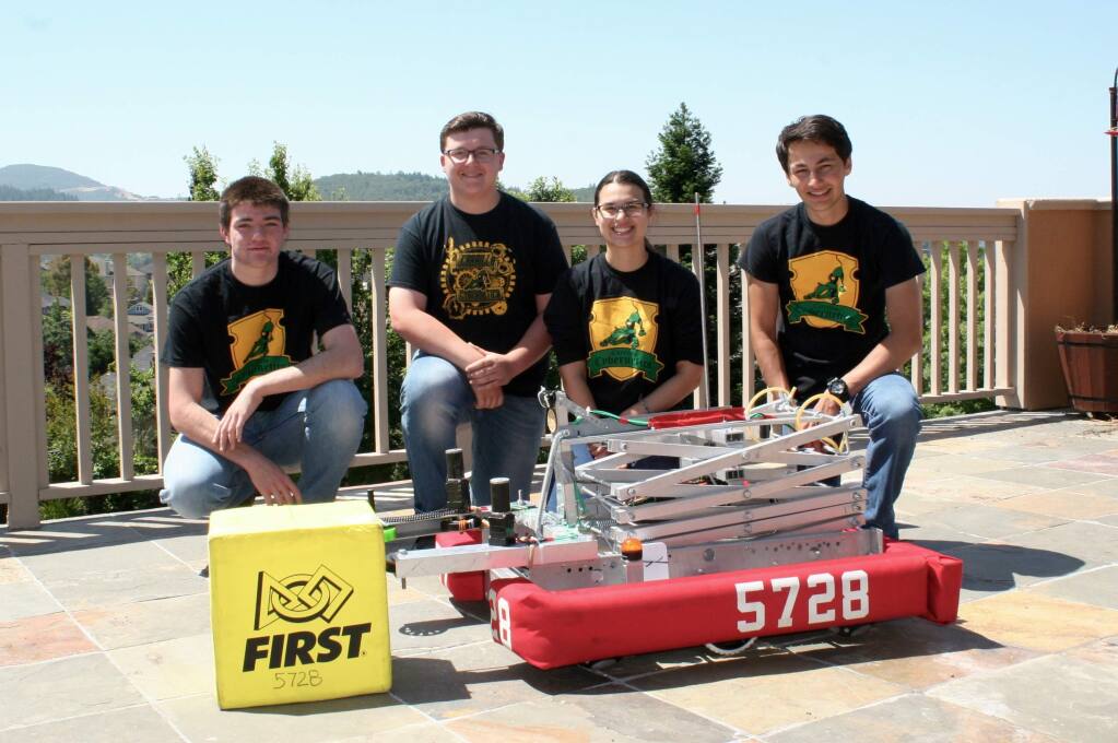This team from Santa Rosa's Maria Carrillo High School places 15th in the FIRST (For Inspiration and Recognition of Science and Technology) Robotics Competition in March 2018. Team members, from left, are Kyle Reynolds, team safety captain; Katrina Storie, business captain; Scott Garcia, engineering captain; Justin DeRosa, engineering captain. (COURTESY PHOTO)