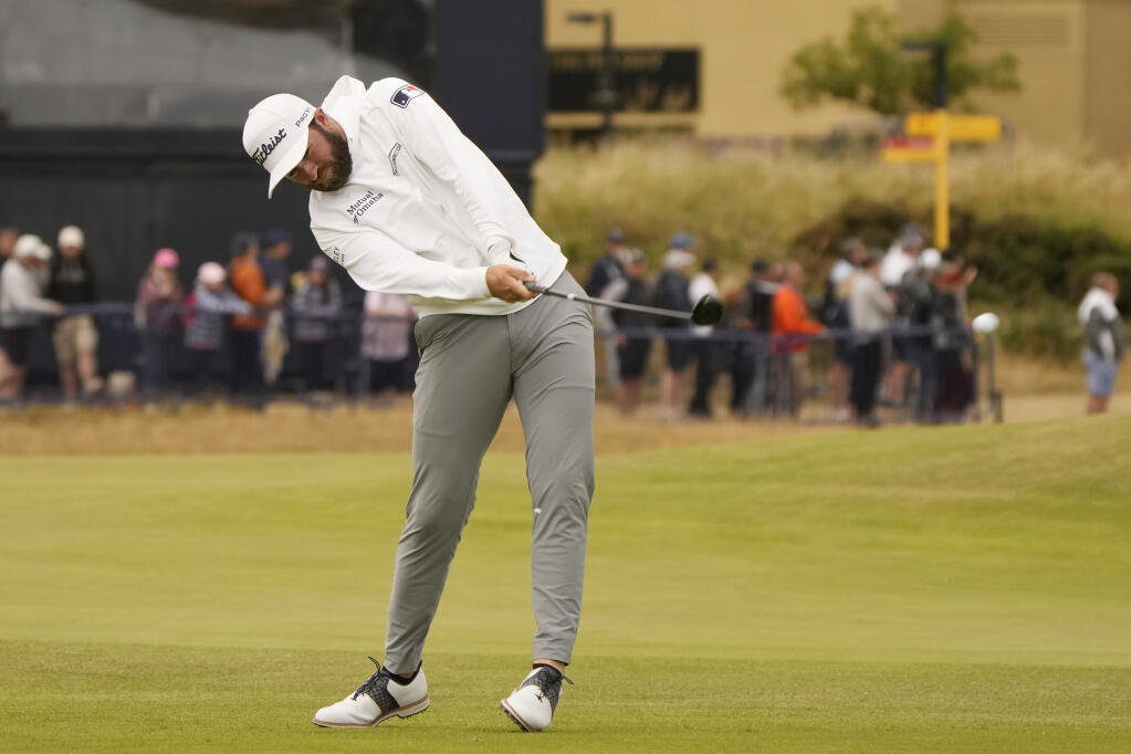 Cameron Young plays a shot on the 18th hole during the first round of the British Open on the Old Course at St. Andrews, Scotland, on Thursday July 14, 2022. (Gerald Herbert / ASSOCIATED PRESS)