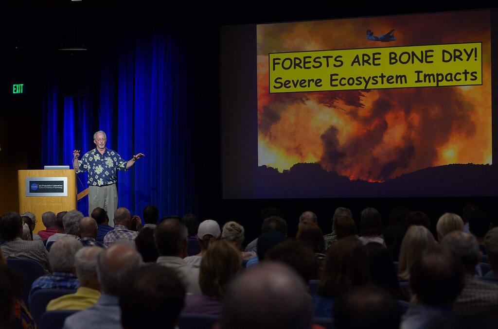 NASA oceanographer Bill Patzert speaks about an El Niño weather system that could strike California in late fall or early winter Thursday, Aug. 13, 2015, in Pasadena, Calif. (AP Photo/Jayne Kamin-Oncea)