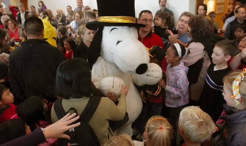 Peanuts charcter Snoopy wades therough a New Years Eve balloon drop and root beer toast crowd, Saturday Dec. 31, 2011 at the Charles M. Schulz Museum in Santa Rosa. (Kent Porter / Press Democrat) 2011