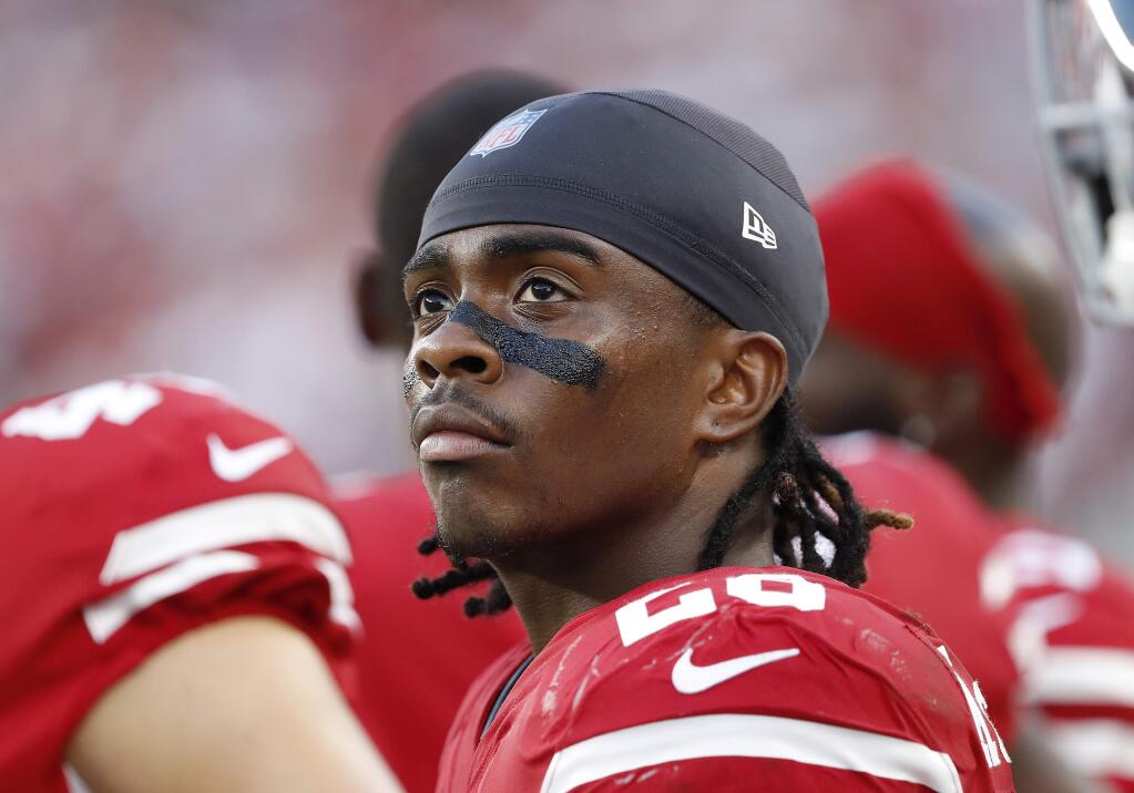 In this Aug. 9, 2018, file photo, San Francisco 49ers running back Jerick McKinnon is shown on the sideline during a preseason game against the Dallas Cowboys in Santa Clara. (AP Photo/Tony Avelar, File)