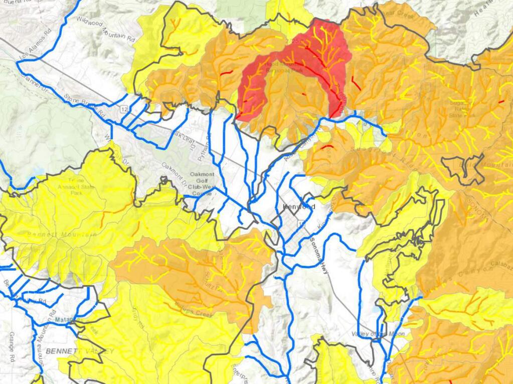 Thousands of Sonoma County households were mailed postcards last week alerting them that they live in areas at moderate-to-high-risk for post fire flooding or debris flows, and that they should consider flood insurance, escape planning, erosion control measures and other measures to protect themselves. (Map: Permit Sonoma / ESRI)