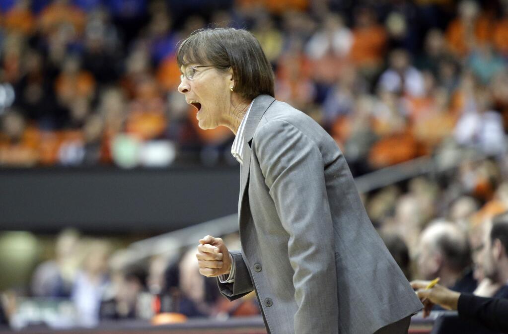 Stanford coach Tara VanDerveer calls out from the bench during the first half of an NCAA basketball game against Oregon State in Corvallis, Ore., Thursday, Feb. 26, 2015. On Monday night, VanDerveer's 13th-ranked Cardinal were upset by Santa Clara 61-58. (AP Photo/Don Ryan)