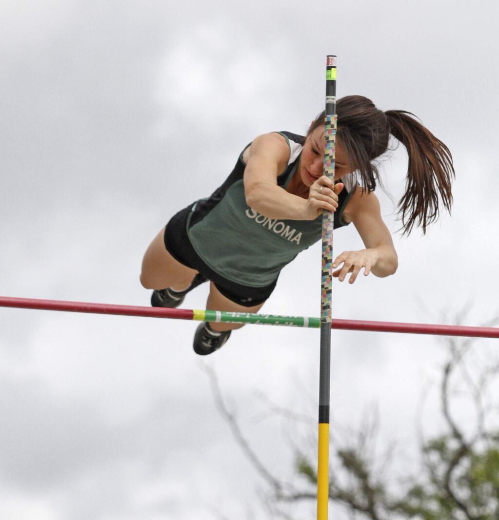 Bill Hoban/Index-TribuneSonoma's Isabel Garon clears the bar at the recent NCS track meet. Garon was one of five Lady Dragons who qualified for the Meet of Champions this past weekend, but didn't qualify for next weekend's state track meet.
