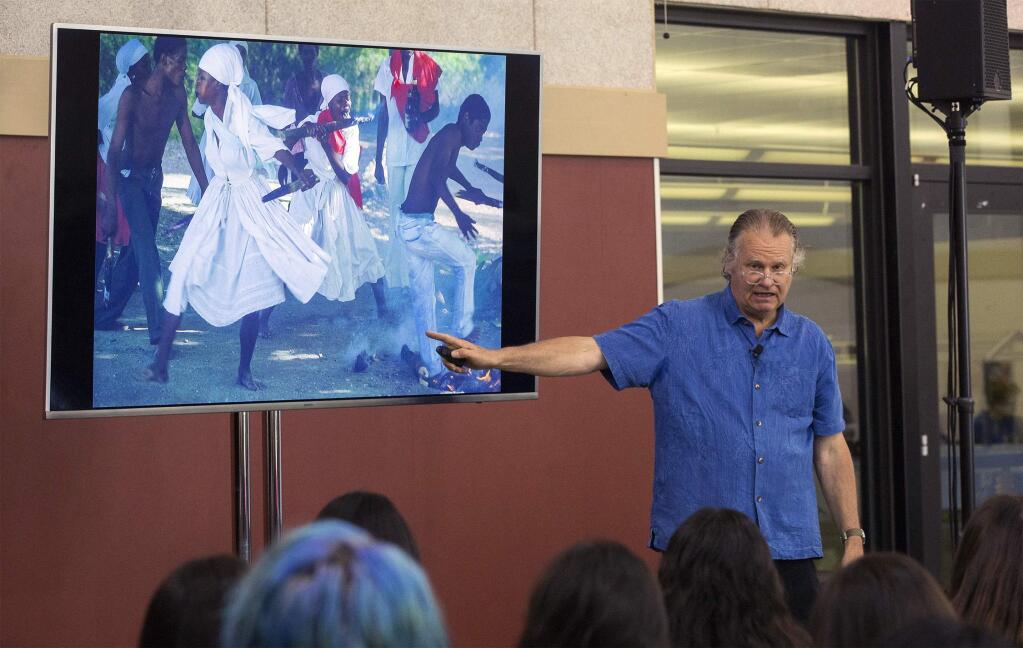 Anthropologist, ethnobotanist, author, and photographer Wade Davis speaks to students at Sonoma Valley High School during the 2019 Sonoma Valley Authors Festival. (Photo by Robbi Pengelly/Index-Tribune)