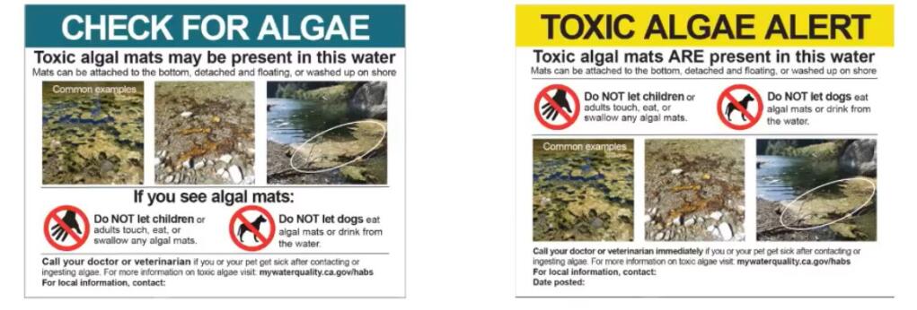 Warning signs used by Sonoma County Environmental Health and the State of California to alert beach visitors to the presence or possible presence of toxic blue-green algae. (Sonoma County Department of Health Services)