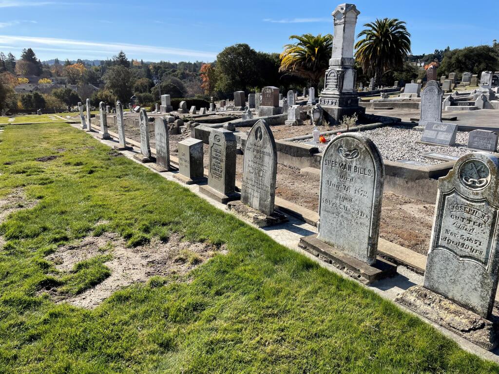 The graves of Odd Fellows members moved from Oak Hill Cemetery to the Odd Fellows plot at Cypress Hill, including that of Thomas F. Baylis. (photo credit John Sheehy)