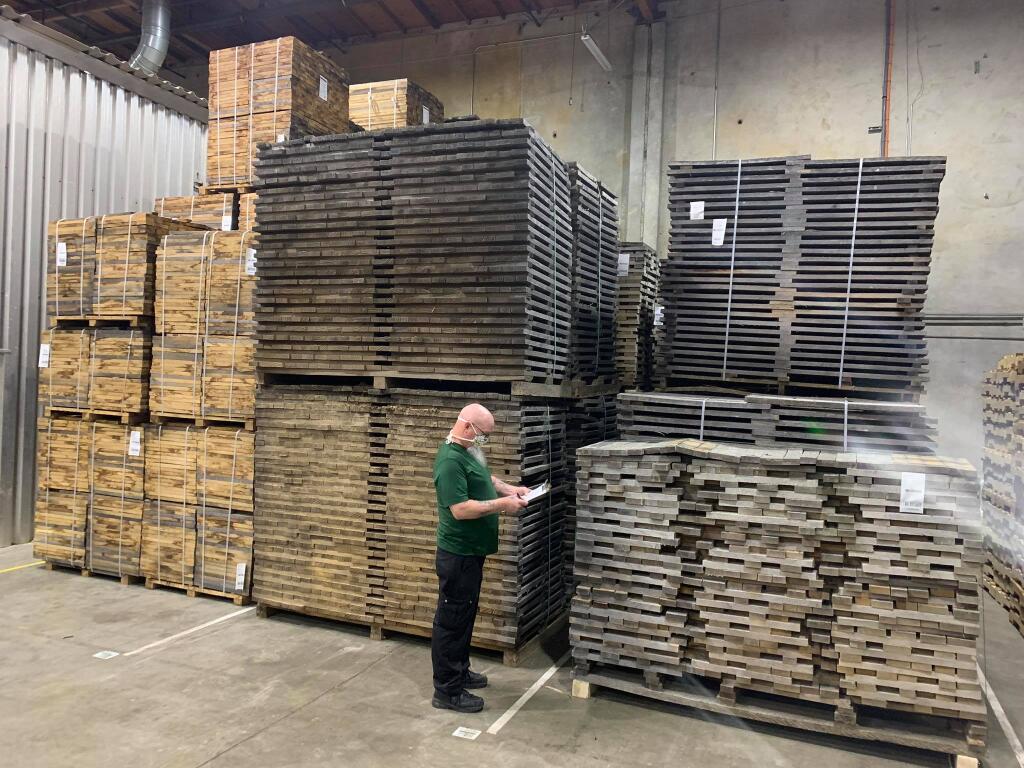 Oak staves from Europe and the East Coast are stockpiled in Tonnellerie O's Benicia cooperage on April 29, 2020, as they await to be made into wine barrels. (courtesy of Tonnellerie O)