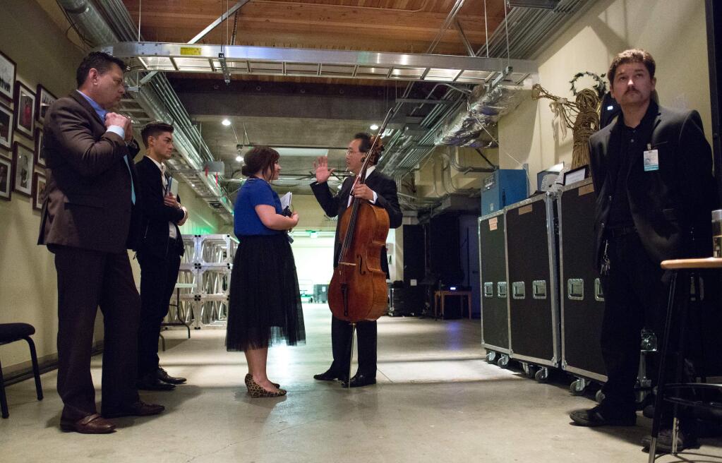 dYo-Yo Ma prepares to take the stage at the Green Music Center at Sonoma State University, in Rohnert Park, Calif. Saturday January 24, 2015.