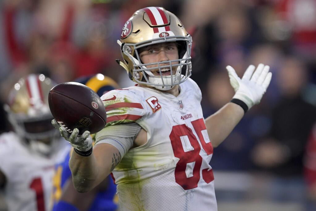 San Francisco 49ers tight end George Kittle celebrates after scoring during the second half against the Los Angeles Rams Sunday, Dec. 30, 2018, in Los Angeles. (AP Photo/Mark J. Terrill)
