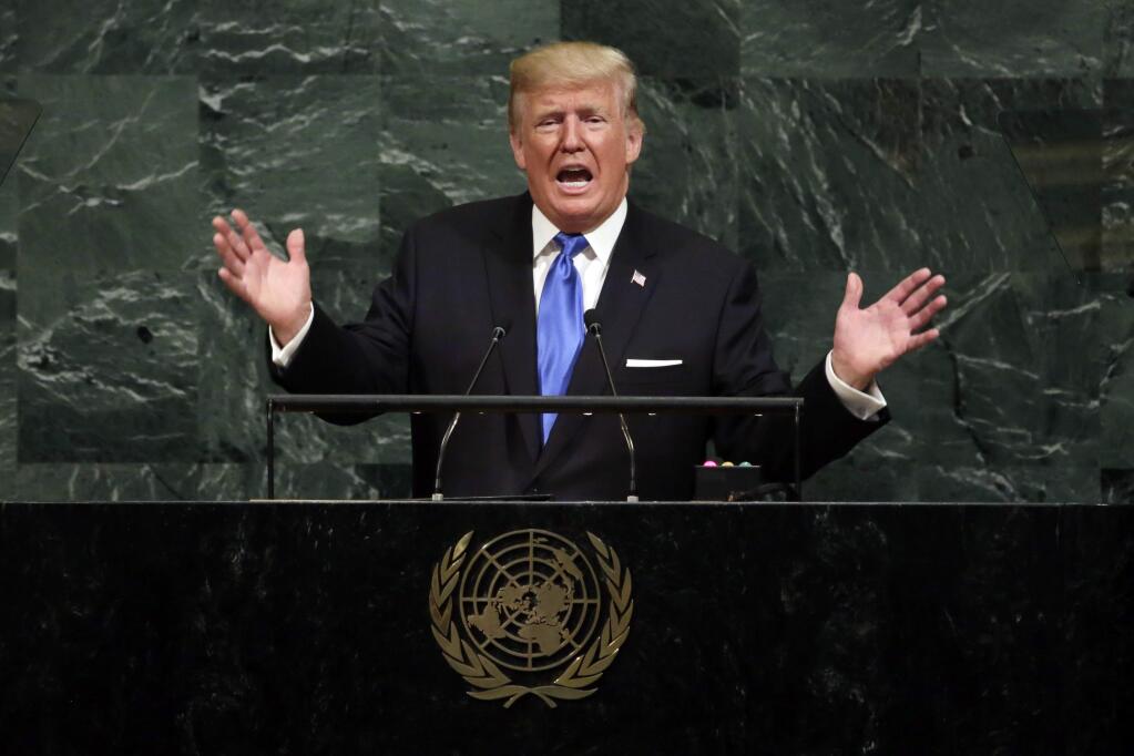 FILE - In this Sept. 19, 2017, file photo, U.S. President Donald Trump addresses the 72nd session of the United Nations General Assembly, at U.N. headquarters. North Korean Foreign Minister Ri Yong Ho on Wednesday, Sept. 20, 2017 in New York described as 'the sound of a dog barking' Trump's threat to destroy his country. (AP Photo/Richard Drew, File)