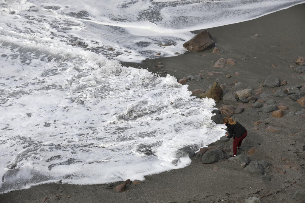 A wave rushes toward Teresa Ochoa as she picks up seashells at Carmet Beach in the Sonoma Coast State Park in Bodega Bay, Calif. on Monday, Oct. 31, 2022. (Beth Schlanker/The Press Democrat)