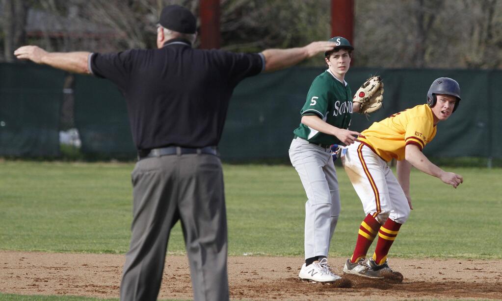 Bill Hoban/Index-TribuneThe umpire calls a Vintage runner safe at second base friday, much to Sonoma second-baseman Anthony Costanza's chagrin. The Dragons staged a big comeback, but fell one run short. Saturday, Sonoma beat Tamalpais, 4-1.