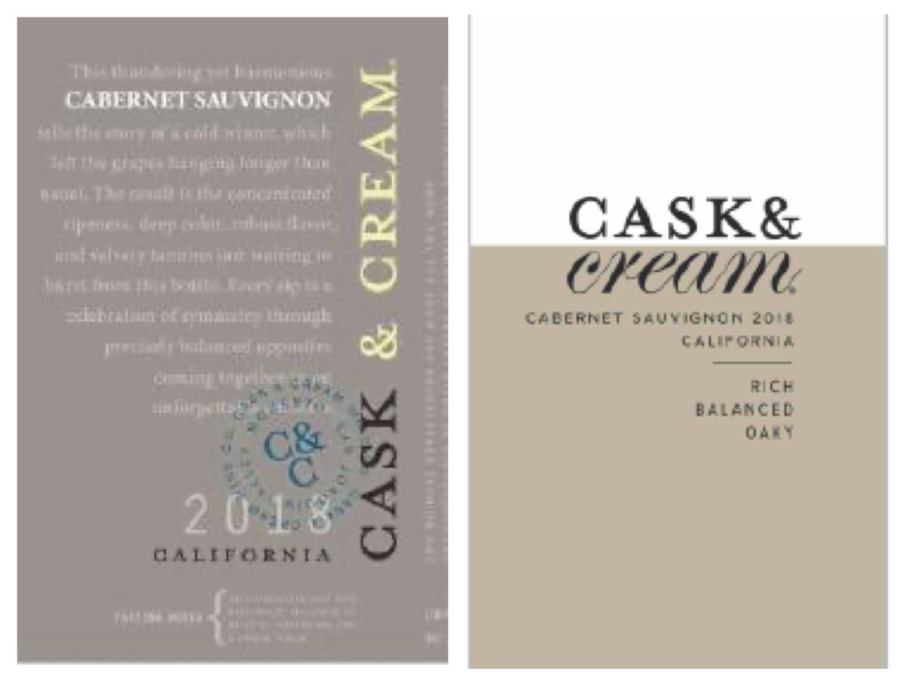 Two label designs for the new Cask & Cream brand, submitted by E. & J. Gallo Winery to federal regulators for approval, are depicted in a lawsuit filed March 31, 2021, by Jackson Family Wines alleging trademark infringement with its La Crema brand. (U.S. DISTRICT COURT)