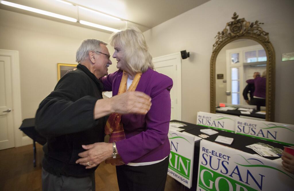 Sonoma County District 1 Supervisor Susan Gorin greets a friend and supporter. On Monday, The Sonoma Index-Tribune sponsored and moderated a candidates forum at the Sonoma Community Center. (Photos by Robbi Pengelly/Index-Tribune)