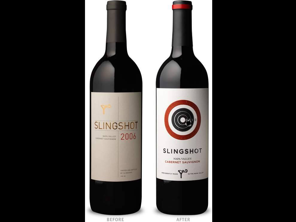 The die-cut 'puncture' hole in the target on the updated wine label for Stewart Cellars' Slingshot, right, enticed test subjects to pick up the bottle and run their fingers over the hole. (CFNAPA.COM)