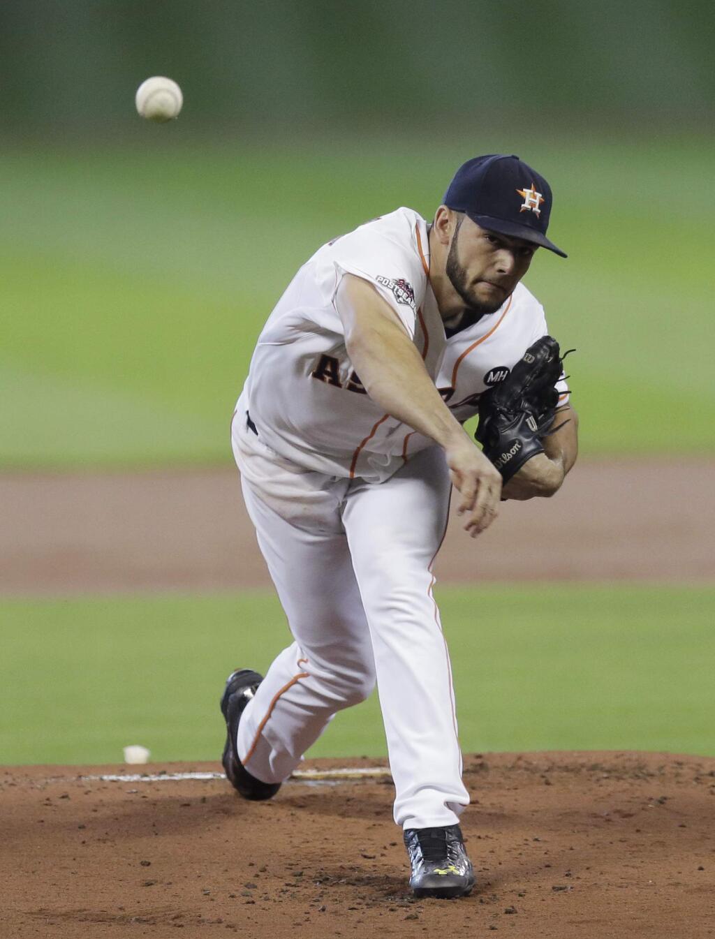 Houston Astros' Lance McCullers (43) delivers a pitch against the Kansas City Royals during the first inning in Game 4 of baseball's American League Division Series, Monday, Oct. 12, 2015, in Houston. (AP Photo/Tim Sharp)