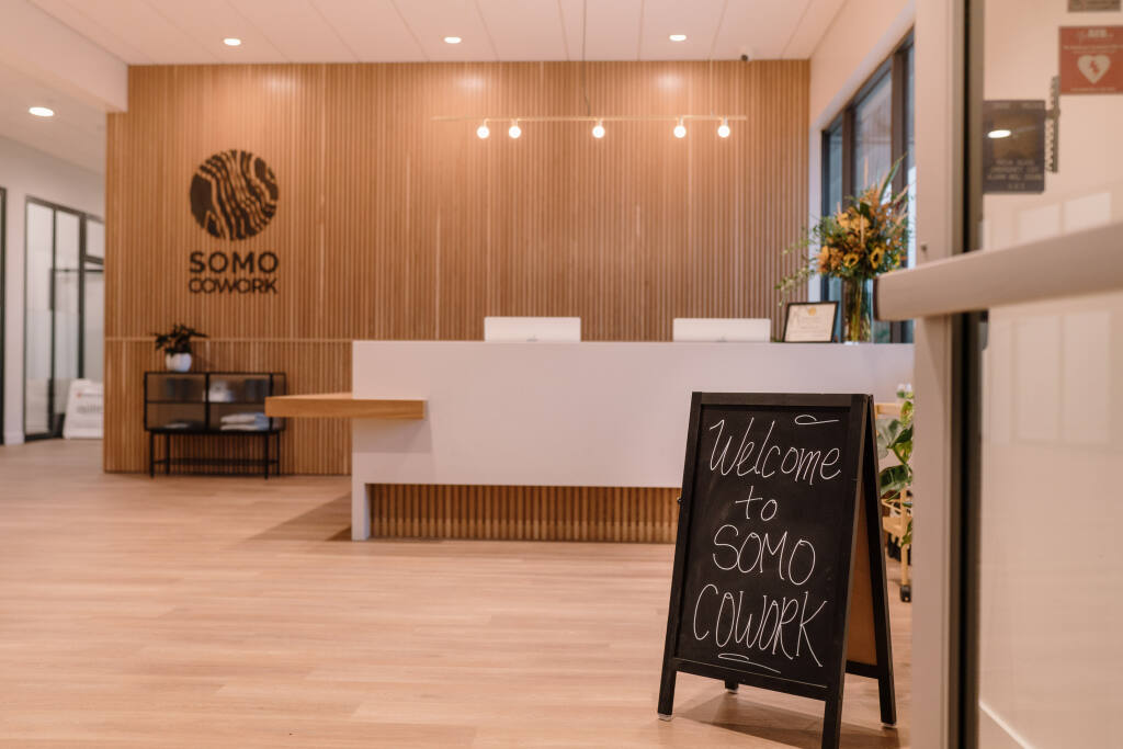 Lobby of the SOMO Cowork facility, seen during the opening event at SOMO Village in Rohnert Park on Saturday, Oct. 15, 2022. (courtesy of SOMO Village)