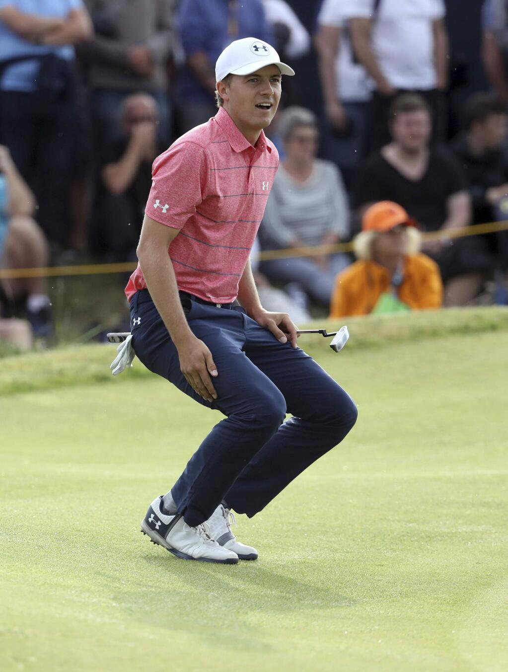 Jordan Spieth of the United States watches his putt on the 15th green during the third round of the British Open Golf Championship, at Royal Birkdale, Southport, England, Saturday July 22, 2017. (AP Photo/Peter Morrison)
