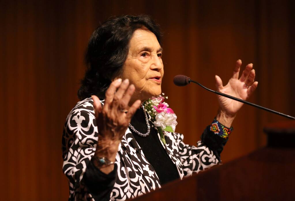 Dolores Huerta, the co-founder of the United Farm Workers of America with Cesar Chavez, speaks to a crowd at Santa Rosa Junior College in Santa Rosa on Monday, April 22, 2019. (BETH SCHLANKER/ The Press Democrat)