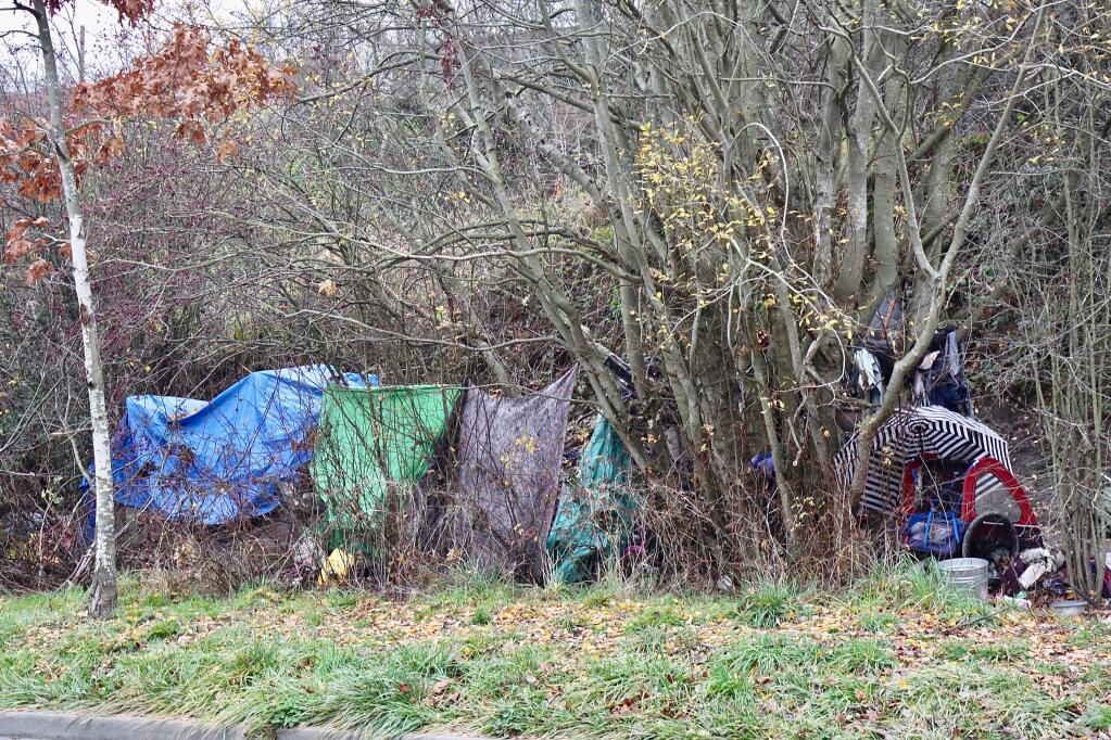 Tents and tarps like these are common sights in Sonoma County, especially along the Joe Rodota Trail. The County of Sonoma has approved up setting up no more than 90 tents at the County of Sonoma campus. Gazette file photo.
