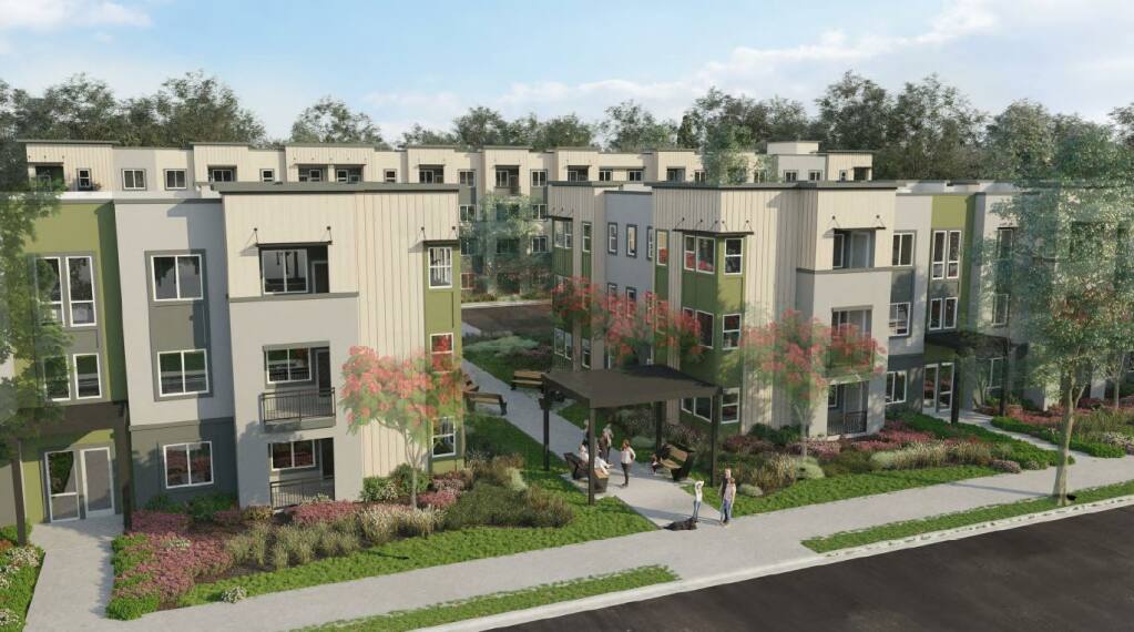 A rendering of the proposed College Creek Apartments complex, a 164-unit affordable housing development proposed by USA Properties Fund for 2150 W. College Ave. (City of Santa Rosa)