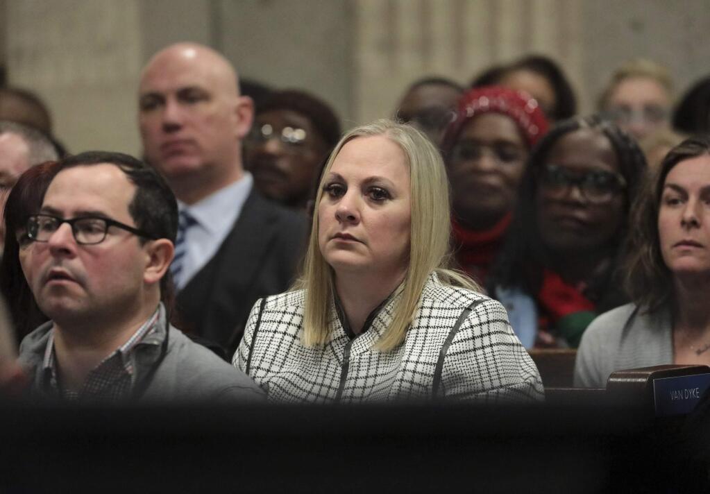 Tiffany Van Dyke wife of former Chicago police Officer Jason Van Dyke attends his sentencing hearing at the Leighton Criminal Court Building, Friday, Jan. 18, 2019, in Chicago, for the 2014 shooting of Laquan McDonald. (Antonio Perez/Chicago Tribune via AP, Pool)