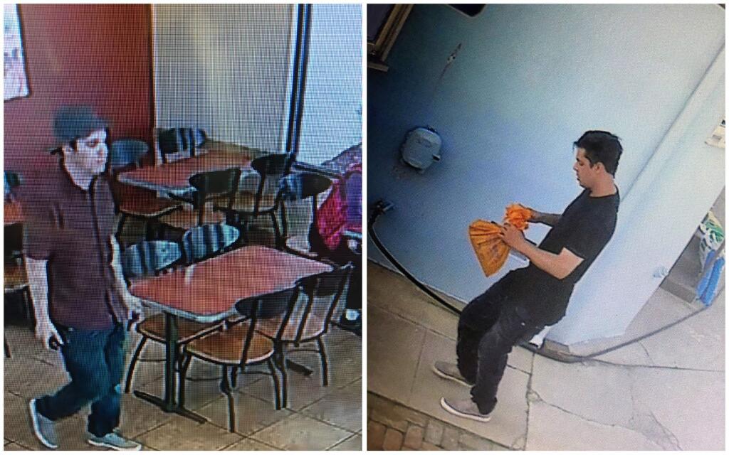 This combination of Monday, June 10, 2019 photos taken by a surveillance camera and provided by the Los Angeles County Sheriff's Department's Homicide Bureau shows a suspect the authorities are seeking the publics help in identifying in the shooting of a sheriff's deputy that left the officer critically wounded at a fast-food restaurant in Alhambra, Calif. The off-duty deputy was shot on Monday as he waited in line at the restaurant. The photo at right shows the suspect after he changed his clothes in a nearby neighborhood. (Los Angeles County Sheriff's Department's Homicide Bureau via AP)