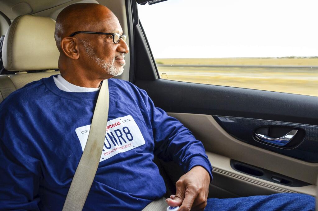This Oct. 3, 2018 photo provided by the California Innocence Project shows Horace Roberts leaving Avenal State Prison in Avenal, Calif. Roberts who was wrongly convicted of a 1998 murder in Southern California and spent two decades in prison has filed a federal lawsuit. Roberts on Tuesday, Oct. 1, 2019, sued Riverside County and officers from its Sheriff's Department, alleging they failed to turn over exculpatory evidence to prosecutors. ( Jenna Little/California Innocence Project via AP)
