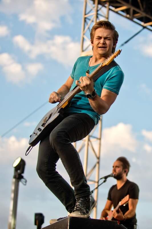 Award-winning singer/songwriter Hunter Hayes jumps up on an amplifier during his concert at Chris Beck Arena during the Sonoma County Fair in Santa Rosa, Calif., on August 6, 2013. (Alvin Jornada / For The Press Democrat)