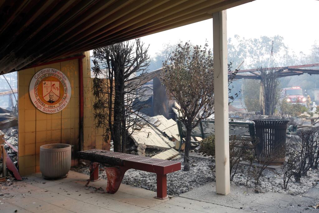 The Cardinal Newman High School library after the Tubbs Fire burned through north Santa Rosa, California on Monday, October 9, 2017. (Alvin Jornada / The Press Democrat)