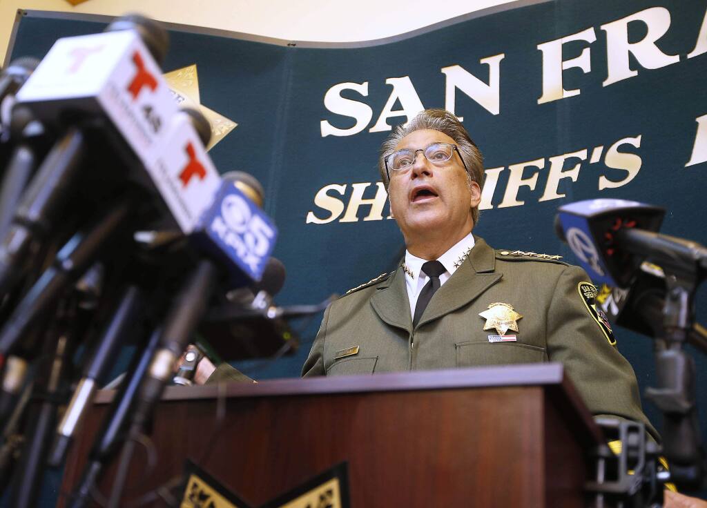 San Francisco Sheriff Ross Mirkarimi speaks during a news conference, Friday, July 10, 2015, in San Francisco. Mirkarimi provided information regarding the April 2015 release of Juan Francisco Lopez-Sanchez, who is now accused in the shooting death of a woman at a popular tourist site. (AP Photo/Tony Avelar)
