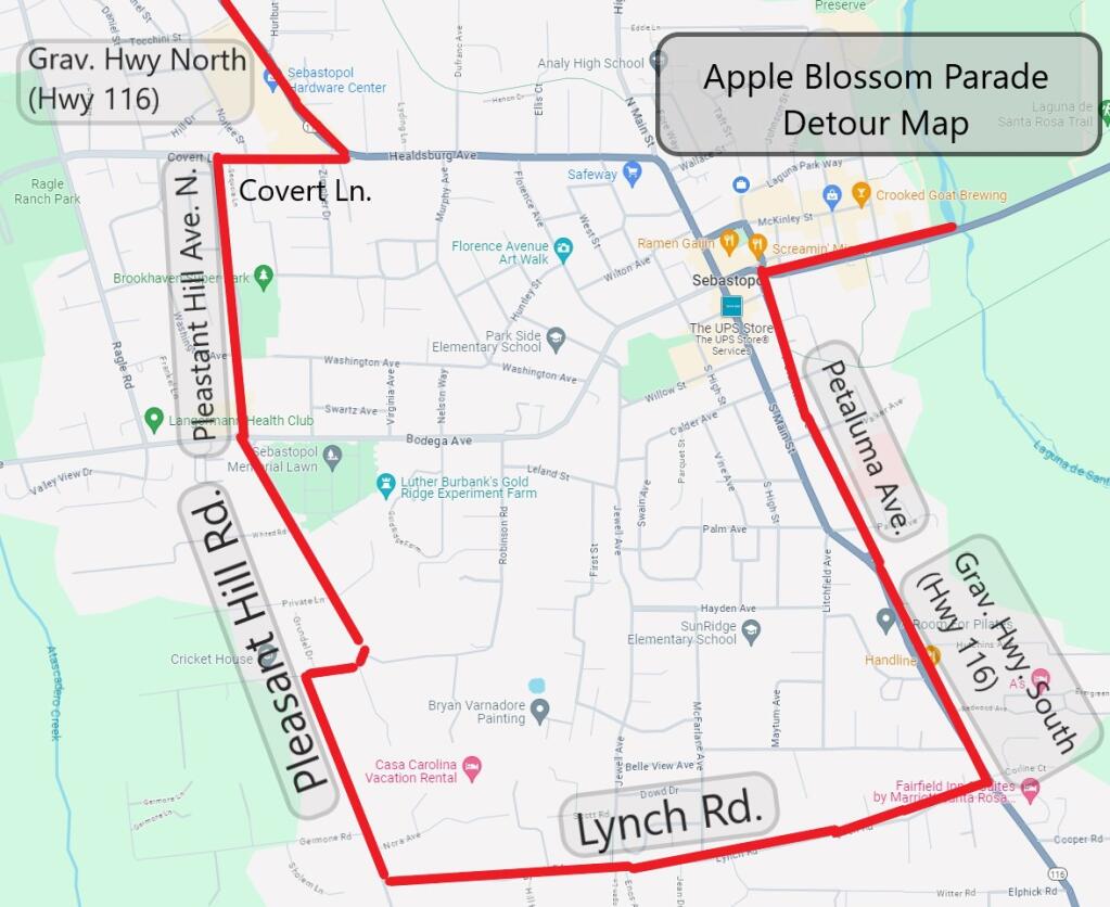 Sebastopol police this week shared a map of detours to use during the Apple Blossom Parade in Sebastopol, Saturday, April 27, 2024. (Sebastopol Police Department / Facebook(