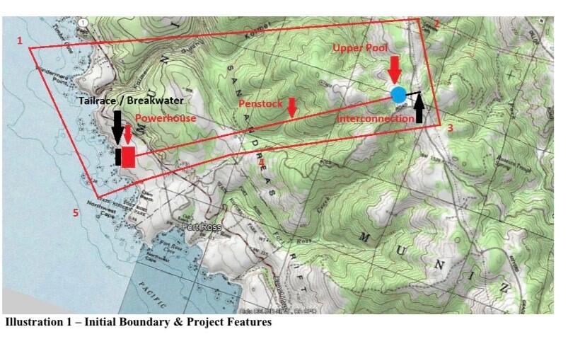 A map of the proposed Fort Ross Pumped Storage Project as depicted in an application filed with the Federal Energy Regulatory Commission for a preliminary permit authorizing feasibility studies related to the proposed project. (Hydro Green Energy)