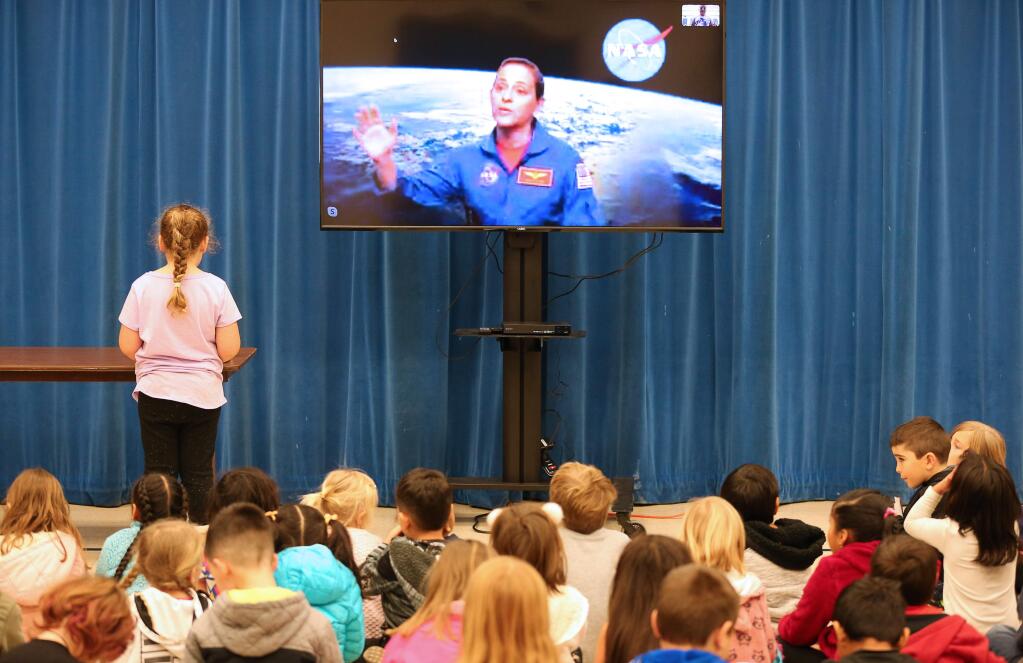 NASA astronaut Nicole Mann answers questions from University Elementary School students in Rohnert Park on Tuesday, Feb. 4, 2020. (Christopher Chung/ The Press Democrat)