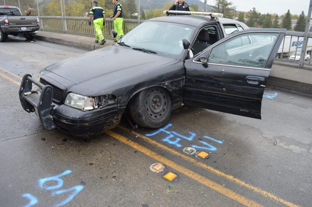 A 38-year-old transient man was arrested after he crashed a stolen vehicle on the Hearn Avenue overpass over Highway 101 during a high-speed police pursuit on Thursday, Oct. 27, 2016. (SANTA ROSA POLICE DEPARTMENT)