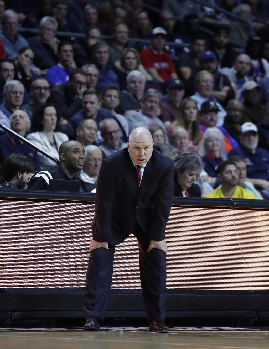 Saint Mary's head coach Randy Bennett watches his team during the second half of a West Coast Conference tournament NCAA college basketball game against BYU, Monday, March 5, 2018, in Las Vegas. BYU defeated Saint Mary's 85-72. (AP Photo/Isaac Brekken)