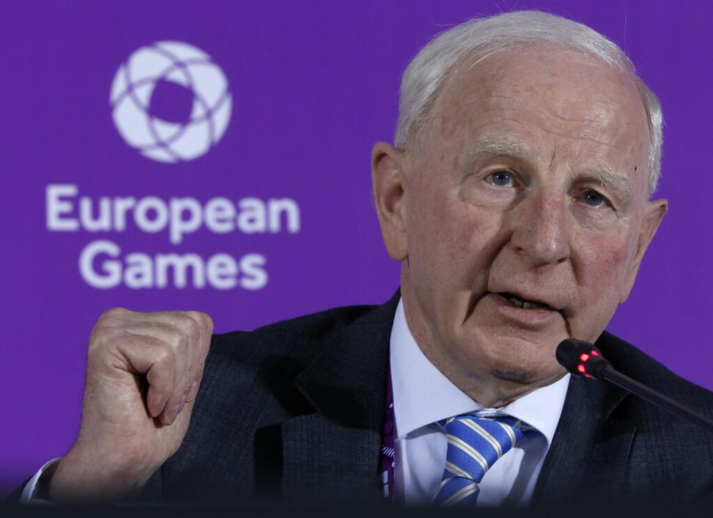 FILE - In this June 11, 2015 file photo, Patrick Hickey, the head of the European Olympic Committee speaks during a news conference on the eve of the opening of the 2015 European Games in Baku, Azerbaijan. Rio de Janeiro authorities have issued an arrest warrant for Hickey accused of scalping tickets for the Summer Games. (AP Photo/Dmitry Lovetsky, File)