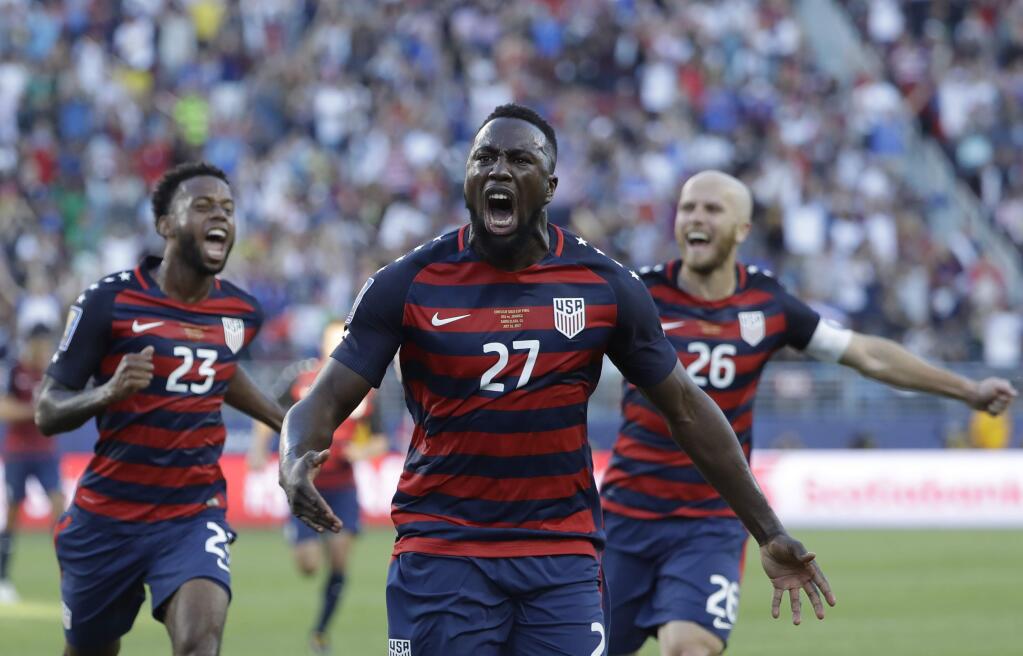 United States' Jozy Altidore (27) celebrates after scoring a goal during the first half of the Gold Cup final soccer match against Jamaica in Santa Clara, Calif., Wednesday, July 26, 2017. (AP Photo/Marcio Jose Sanchez)